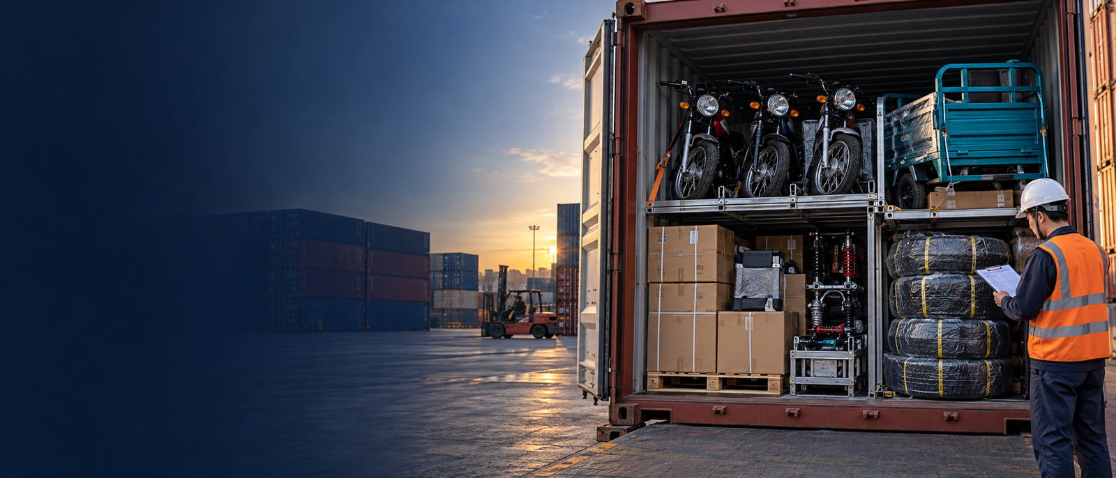 Container being loaded with motorcycles, parts and tire bundles